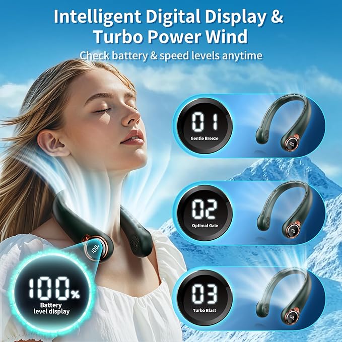 Portable Neck Fan with 6000mAh USB - Rechargeable Battery, 360° Cooling Wearable Fan, 3 Speeds, Ultra-Light Bladeless Neck Fan LED Display (Green)