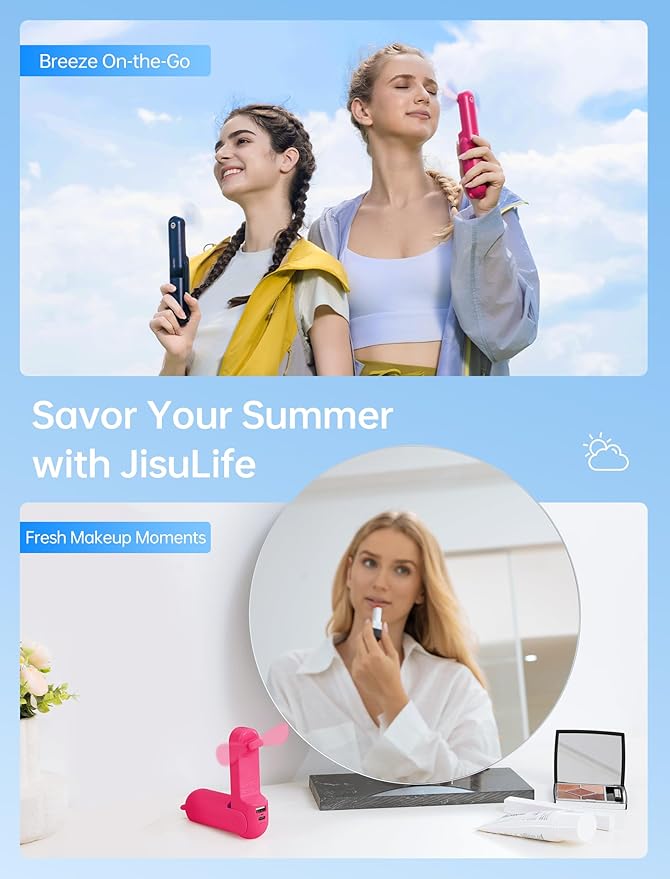 JISULIFE Handheld Mini Fan, 3 IN 1 USB Rechargeable Portable Fan [12-19 Working Hours] with Power Bank, Flashlight, Pocket Design for Travel/Summer/Concerts/Lash, Gifts for Women (Fuchsia)