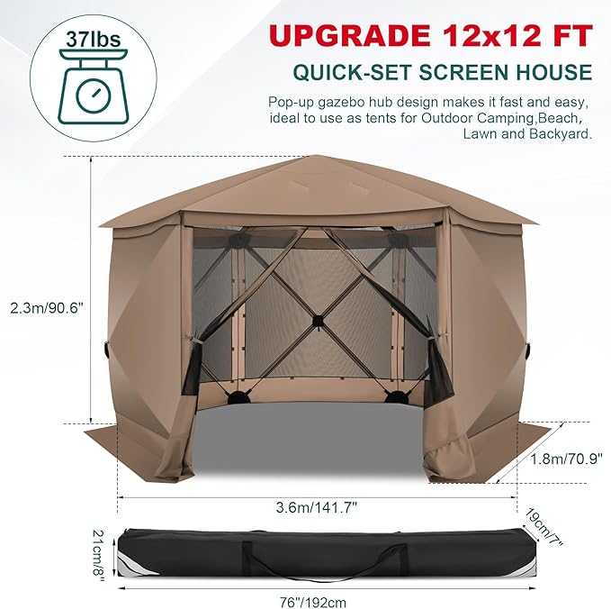 COBlZl 12x12 pop up Gazebo on Clearance Screen Canopy Tent for Camping,Outdoor Instant Stargazing Gazebo,Portable Hub Tent with Removable Sidewalls,Pavilion for Backyard,Khaki
