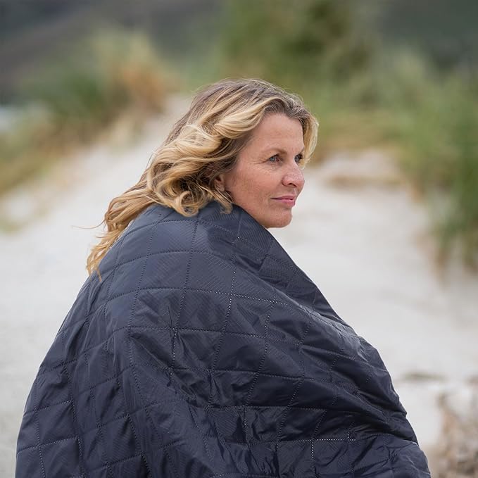 Tranqun 2 Large Outdoor Blanket 78'' x 55'' Quilted Windproof Waterproof Fleece Sandproof Stadium Foldable Warm Blanket for Camping Picnic Sporting Events Cold Weather (Navy Blue)
