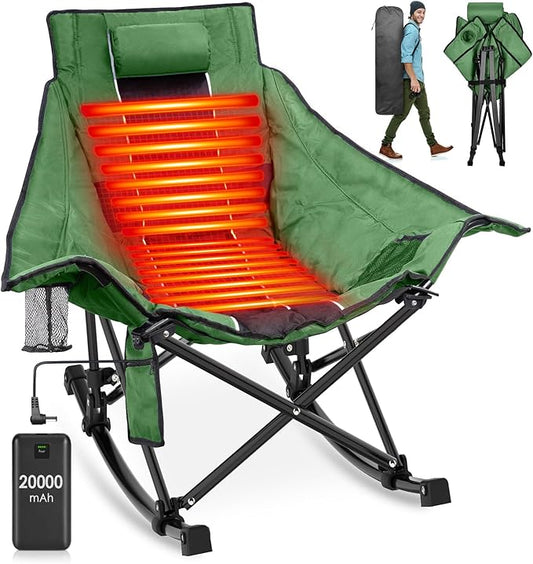 Suteck Heated Rocking Camping Chair, XL Oversized Rocking Chair Outdoor with 3 Heat Levels for Back and Seat, Heated Chairs Outdoor Sports W/20,000mAh Power Bank for Patio Lawn Picnic Travel