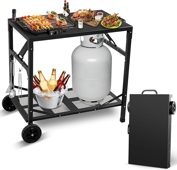 KHAMAL Grill Cart Outdoor with Wheels - Foldable Pizza Oven Stand Table, Portable Dining Cart Table for Outdoor, BBQ, Indoor, Kitchen(Black with Black Handle)