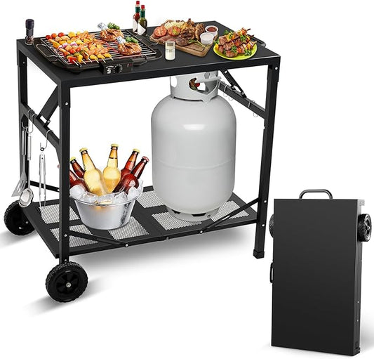 KHAMAL Grill Cart Outdoor with Wheels - Foldable Pizza Oven Stand Table, Portable Dining Cart Table for Outdoor, BBQ, Indoor, Kitchen(Black with Black Handle)