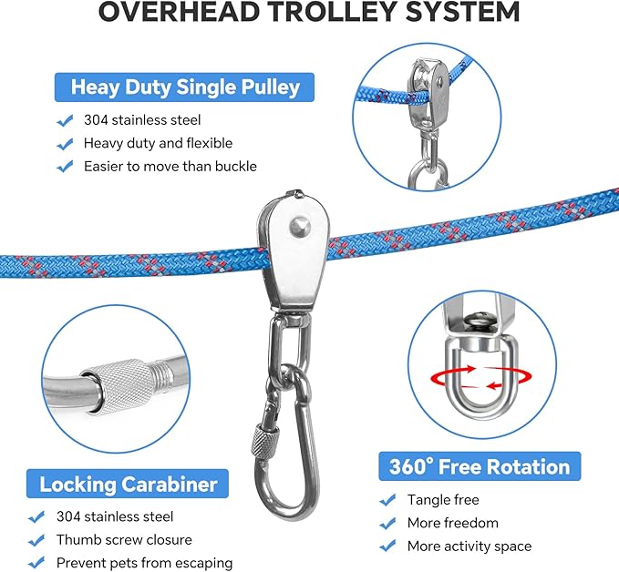 Dog Camping Essentials 50ft Portable Overhead Trolley System Pet Camping Leash for Dogs up to 200lbs Dog Runner for Yard Blue