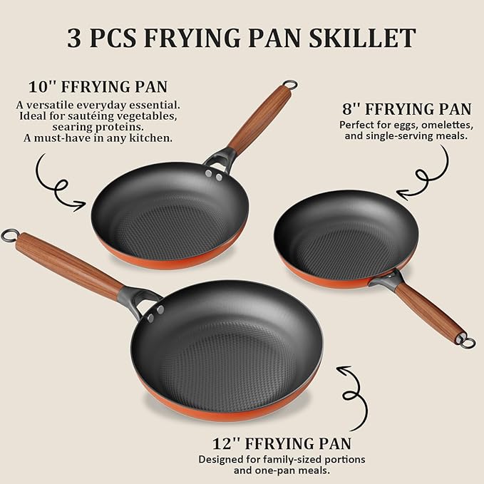 YUTANN Nonstick Cast Iron Skillets 3-Pack - 8/10/12 Inch Frying Pans, Pre-Seasoned with Diamond Bottom for Better Oil Control, PFAS/PFOA Free, Removable Handles, Cookware Gift for Home Chefs