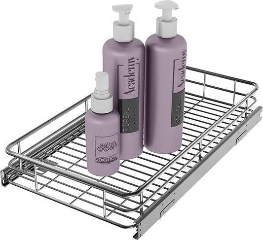 Sliding Cabinet Organizer Pull Out Shelves (11" W x 21" D), Heavy-Duty Slide Out Shelf, Steel Metal Cabinet Roll Out Shelves for Kitchen Bathroom, Chrome