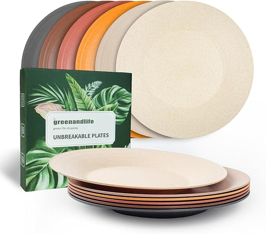 greenandlife 10inch/6pcs Dishwasher & Microwave Safe Wheat Straw Plates, Alternative for Plastic Plates, Lightweight Reusable Unbreakable Dinner Plates, Non-toxin, BPA Free for Kids Adults
