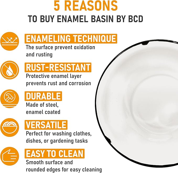 BCD Classic Primitive Enamelware Basin - Vintage-Style Metal Bowl for Kitchen, Camping, and Everyday Use – Chip-Resistant & Easy to Clean