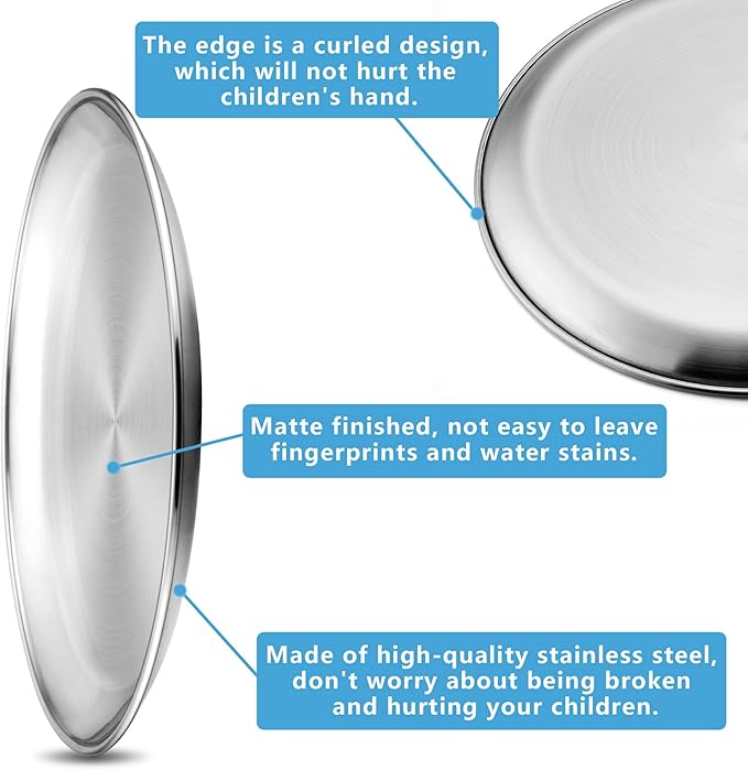 HaWare 4-Piece 18/8 Stainless Steel Plates, Metal 304 Dinner Dishes for Kids Toddlers Children, 10 Inches Feeding Serving Camping Plates, Reusable and Dishwasher Safe
