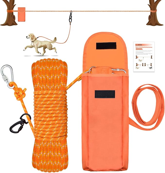 Upgraded Dog Tie Out Cable for Camping, 70FT Portable Knot-a-Hitch Dog Hitching System, Trolley System for Dogs up to 250lbs, Dogs Runner for Yard Camping Training Running Hiking Outdoor