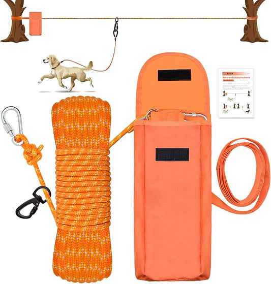 Upgraded Dog Tie Out Cable for Camping, 70FT Portable Knot-a-Hitch Dog Hitching System, Trolley System for Dogs up to 250lbs, Dogs Runner for Yard Camping Training Running Hiking Outdoor