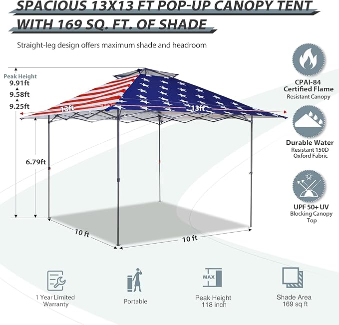EAGLE PEAK 13x13 Straight Leg Pop Up Canopy Tent Instant Outdoor Canopy Easy Single Person Set up Folding Shelter w/Auto Extending Eaves 169 Square Feet of Shade (American Flag)