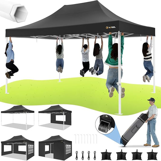 HOTEEL Canopy Tent 10x15 Heavy Duty Pop Up Canopy with Sidewalls, Party Tent with Roller Bag for Event Wedding, Upgraded Commercial Waterproof Instant Canopy, Thick Hexagonal Legs, UPF50+, Black