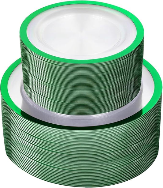 U-QE 120PCS Clear Green Plastic Plates - Clear Plastic Plate Disposable Heavy Duty- Include 60 10" Dinner and 60 7" Dessert Plates, Perfect for Party, Wedding