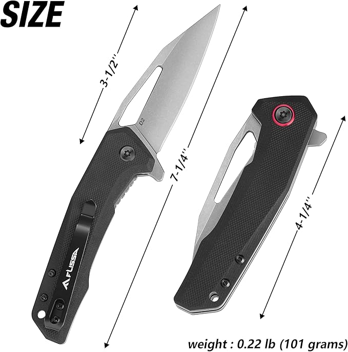 FLISSA Pocket Knife, Folding EDC Knife, 3.25 inch D2 Blade, G10 Handle, Liner Lock, for Outdoors, Hiking, Camping, Black