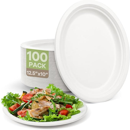 100pc Disposable Oval Paper Plates, 12.5" Biodegradable Large Paper Plates, Compostable Heavy Duty Bagasse Platters Eco-Friendly Sugarcane for BBQ, Party, Picnic - White