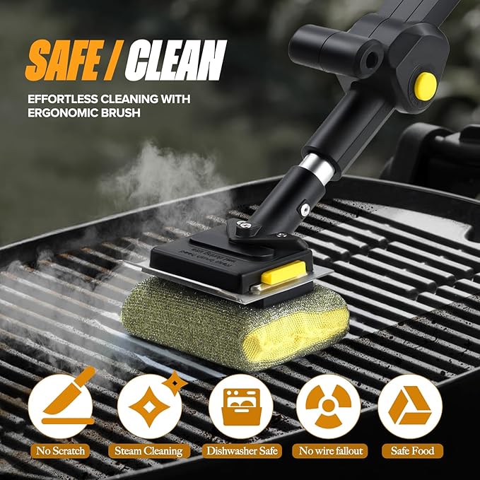 Folding Steam Grill Brush for BBQ Collapsible Design for Easy Storage Heavy Duty with Scraber & 3 Bristle Free Brush Head Grill Cleaning Tool for Camping Tailgating Indoor Out Door Gift