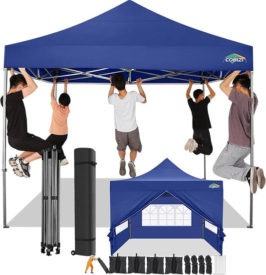 COBIZI 10x10 Pop Up Canopy Tent 10x10 Canopy with 4 Sidewalls Waterproof Heavy Duty Commercial Canopy Tent for Parties Outdoor Tent Garden Gazebo Tent, Carry Bag with Wheel(10x10ft, Dark Blue)