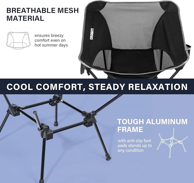 Folding Camping Chairs 2er Pack, Lightweight Backpacking Chair in Compact Design for Camp, Beach, Hiking, Outdoors, Black 2 Pack