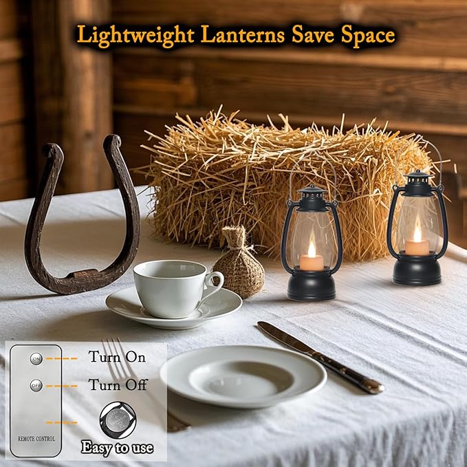 LLQ Small Lantern Decorative with Remote, Vintage Mini Candle Lanterns Decor, Black Lantern Decor for Table Centerpieces,Camping,Western Party,Rustic Wedding,Halloween,Christmas Decor
