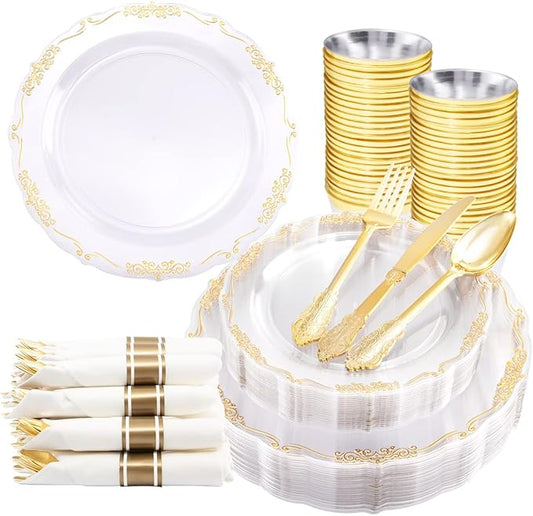 U-QE 175 Pieces Gold Plastic Plates and Napkins Party Supplies - Clear and Gold Dinnerware Set 25 Guest - 25 Dinner Plates, 25 Dessert Plates, 25 Per Rolled Napkins with Cutlery, 25 Cups 9 OZ