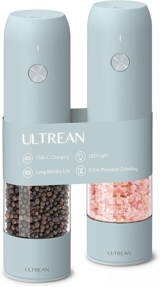 Ultrean Pepper Grinder, Rechargeable Salt and Pepper Grinder with 6 Adjustable Coarseness, LED Light, One-Hand Automatic Operation, Blue