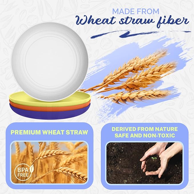 Homienly Wheat Straw Plate Set Reusable Dinner Plates 10 Inch Alternative to Plastic Plates Microwave & Dishwasher Safe Plates for Kitchen, Outdoor, Camping 4 PCS - Mondrian Colors