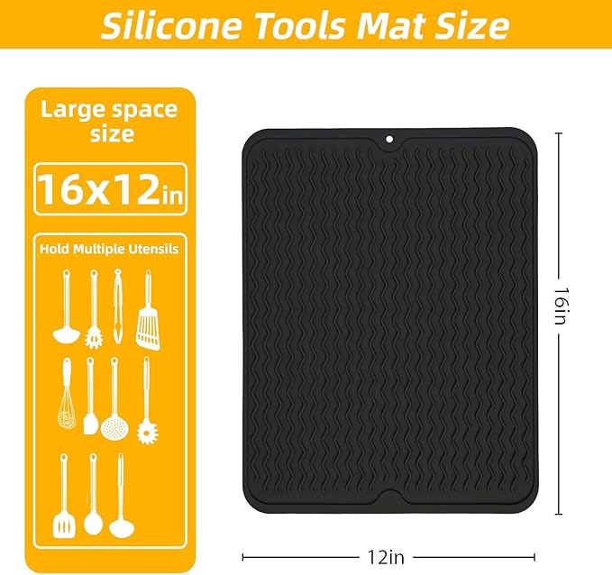 Silicone Grill Mat for Blackstone, Silicone Side Shelf Tool Mat, Outdoor BBQ Spatula Mat, with Drip Pad Kitchen Countertop Heat Resistant Mat, Griddle Accessories (Black)