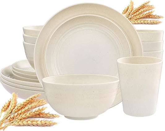Supernal 16pcs Beige Kitchen Plastic Wheat Straw Dinnerware Sets - Plates and Bowls Sets, Unbreakable Dinnerware Set Dishwasher Safe Plates, Reusable Dish Set for Kitchen & Camping & Daily use