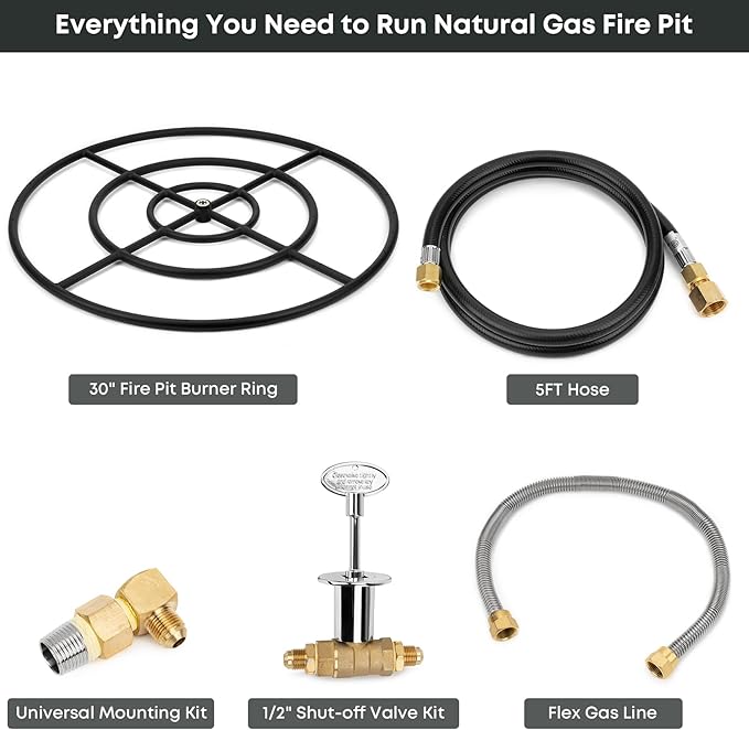 Stanbroil Natural Gas Fire Pit Burner Ring Installation Kit, Black Steel, 30-inch