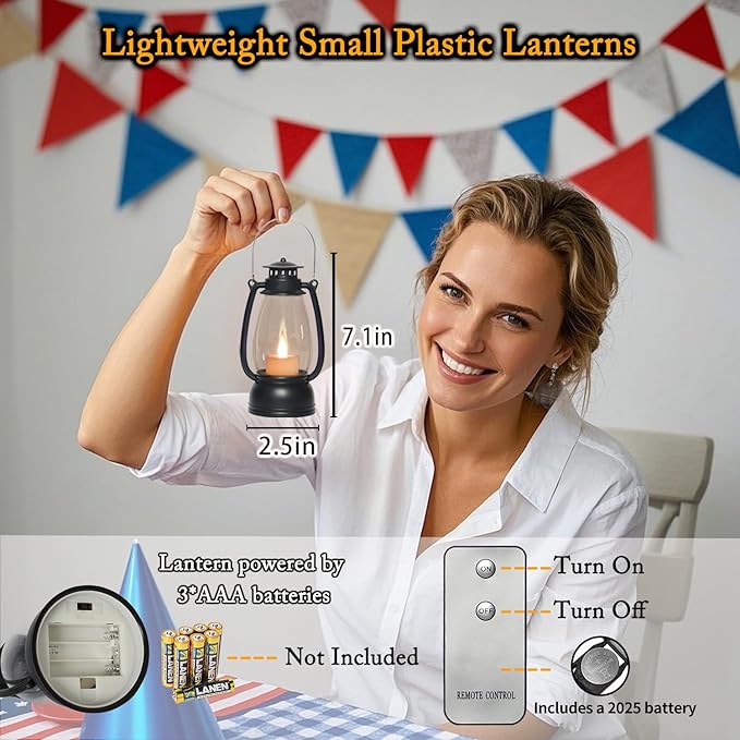 LLQ Small Lantern Decorative with Remote, Vintage Mini Candle Lanterns Decor, Black Lantern Decor for Table Centerpieces,Camping,Western Party,Rustic Wedding,Halloween,Christmas Decor