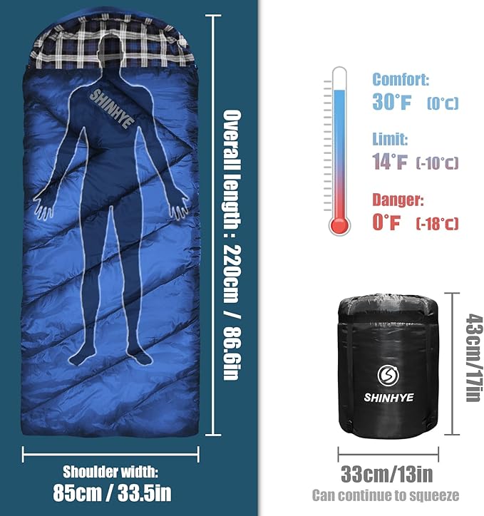 ShinHye 0 Degree Sleeping Bag for Adults - Cotton Flannel 4 Season Cold Weather Winter, XXL Big and Tall Camping Sleeping Bag with Compression Sack