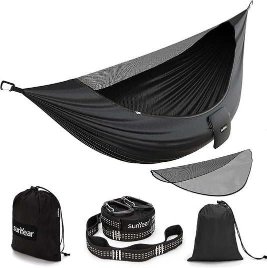Sunyear Camping Hammock with Removable No See-Um Net, Double & Single Portable Outdoor Hammocks Parachute Lightweight Nylon with Tree Straps for Adventures Hiking Backpacking