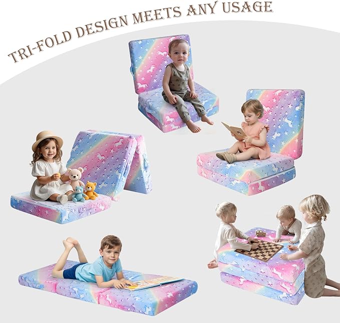 MeMoreCool Glow Rainbow Unicorn Foldable Floor Mattress for Kids, Trifold Nap Mat for Toddlers, Portable Daycare Sleeping Futon or Floor Bed, 57x22 Inch