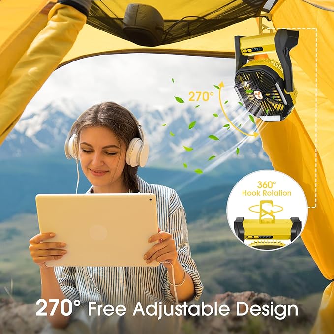 Portable Fan Rechargeable, 20000mAh Cordless Battery Powered Fan with LED Lantern, USB C Battery Operated for Travel Bedroom Home Camping Tent Office Beach Desk Fishing Table Yellow