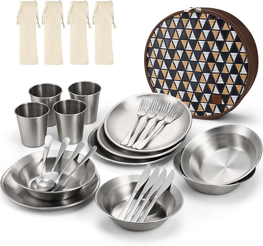 Odoland Stainless Steel Camping Mess Kit for Family & Person, Cooking Tableware Utensils with Plates Bowls Forks Spoons Knives & Savings Bag for Camping, Backpacking, Hiking, Picnic