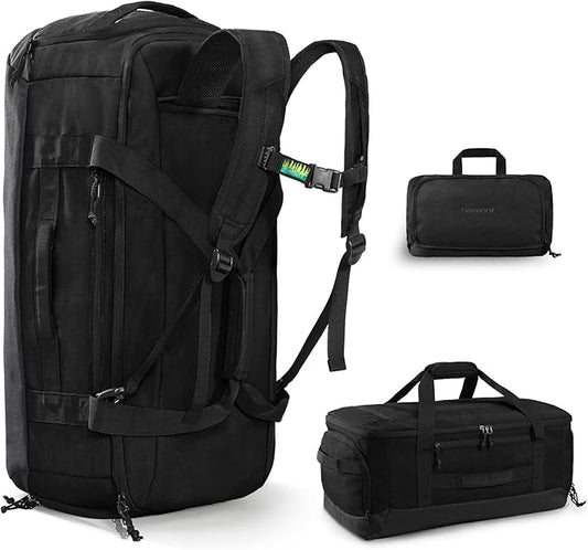Haimont 60L Foldable Duffle Bag Backpack with Shoe Compartment, Large Travel Duffel for Gym, Sports, Luggage, Camping, Men & Women, Black