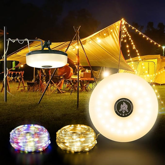 Camping String Lights - Outdoor Rechargeable Camp Lamp with 5+3 Modes, Portable Retractable, Waterproof LED, 32.8 ft, Camping Essentials Accessories