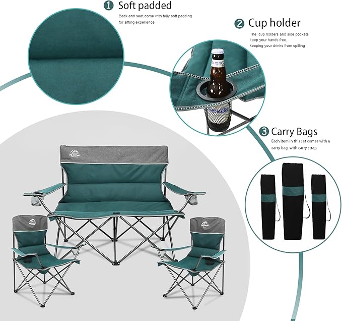 3 Piece Portable Camping Chairs Set,Folding Lawn Chair Set with Cup Holder,Outdoor Heavy Duty Comfy Chairs,Loveseat Chair Perfect for Family Hiking,Picnics and Beach Trips,Bistro Green