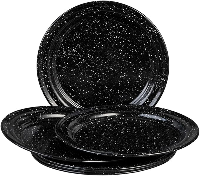 Cinsa 10-Inch Enameled Steel Dinner Plate Set, Set of 6 Dishwasher Safe Dinnerware, Rustic & Elegant - Durable for Everyday Use, Camping, Farmhouse Kitchens, Oven & Fire-Safe (Speckled Black)