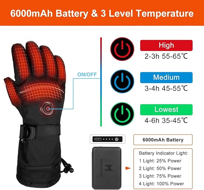 Heated Gloves, 5V 6000mAh Rechargeable Heated Gloves for Men Women, Waterproof & Upgrade Non-Slip Electric Heating Glove for Motorcycling, Hunting, Skiing, Outdoor Work