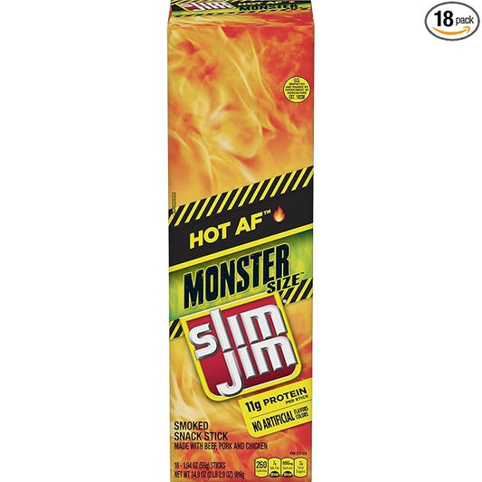 Slim Jim Monster Smoked Meat Sticks, Hot AF Flavor, High Protein, 1.94 oz. (18 Count)