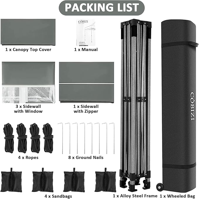 COBIZI 10x10 Pop Up Canopy with 4 Sidewall,Heavy Duty Canopy UPF 50+ All Season Wind Waterproof Commercial Outdoor Wedding Party Tents for Parties Canopy Gazebo with Roller Bag(10 x 10 ft Gray)