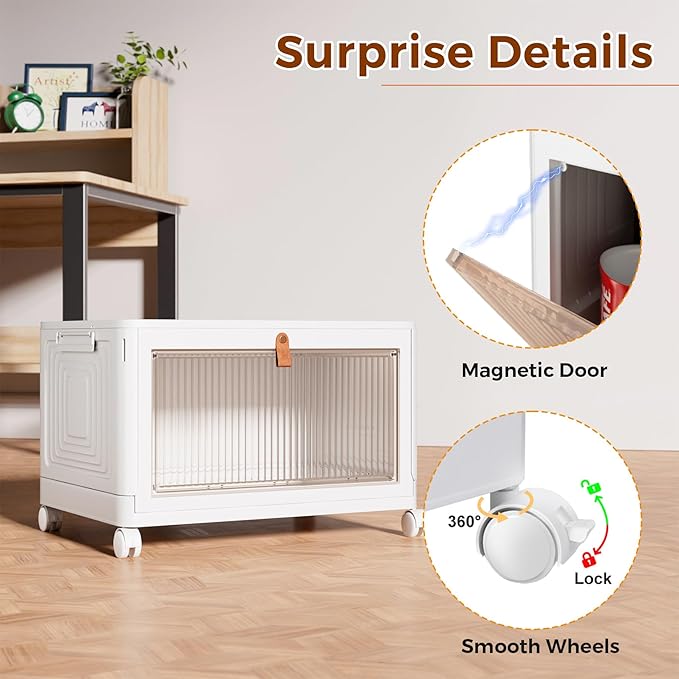 4 Tier Storage Bins with Lids, 23QT Stackable Closet Organizers and Storage with Wheels, Collapsible Storage Boxes, Foldable Plastic Storage Containers for Home,Office, Dorm Room-White