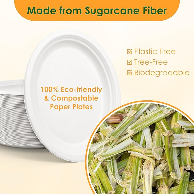 100% Compostable Oval Paper Plates, 12.5Inch 50Pack Disposable Heavy Duty Bagasse Platters Eco-Friendly Biodegradable Sugarcane Plates for BBQ, Party, Picnic - Off White