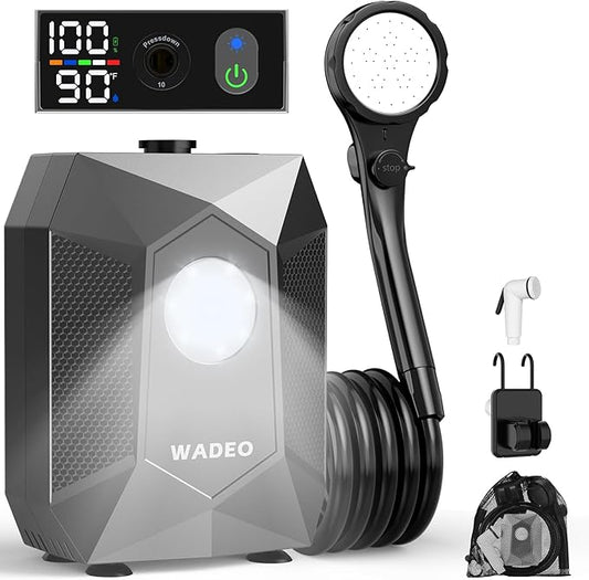 WADEO Portable Shower for Camping, 6000mAh Rechargeable Camping Shower Pump with Camping Light, 5 Pressure Levels, IPX8 Waterproof for Outdoor Camping, Travel, Car Washing, Pet Bathing