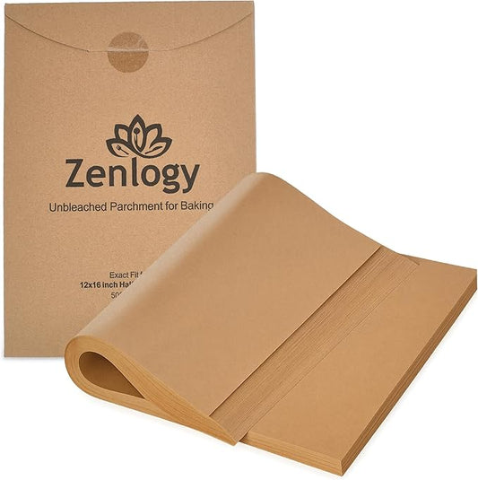 Zenlogy Parchment Paper Sheets 12x16 (500 sheets) for Baking - Unbleached Chlorine-free High Heat Non-Stick Pre-Cut Parchment Paper for Half Sheet Pans