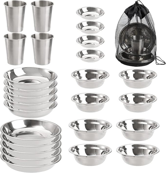 TOPZEA Set of 26 Stainless Steel Camping Plates and Bowls, Camping Mess Kits Camping Dish Set Tableware includes Plates, Bowl, Cups, Stainless Steel Dinnerware for Camping, Hiking, Travel, Picnic