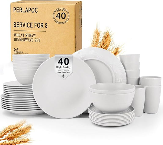 40 PCS Wheat Straw Dinnerware Sets, Service for 8 - Dinner Plates, Cereal Bowls, Drinking Glasses, Unbreakable Plastic Plates and Bowls Sets, Dishwasher and Microwave Safe for Kitchen - White