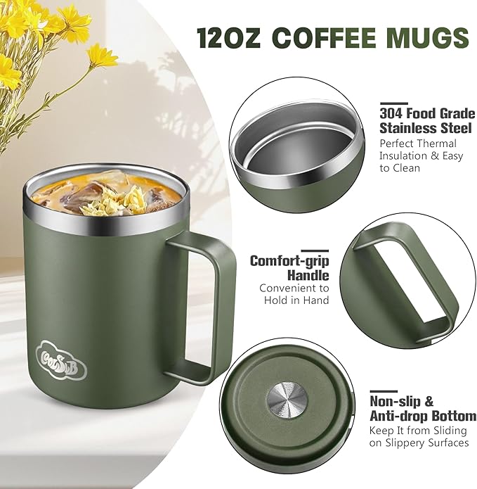 12oz Insulated Coffee Mug with Handle, Stainless Steel Wide Mouth Travel Tumblers with Lid, Double Wall Vacuum Coffee Cup for Camping, Office, Army Green 4 Pack